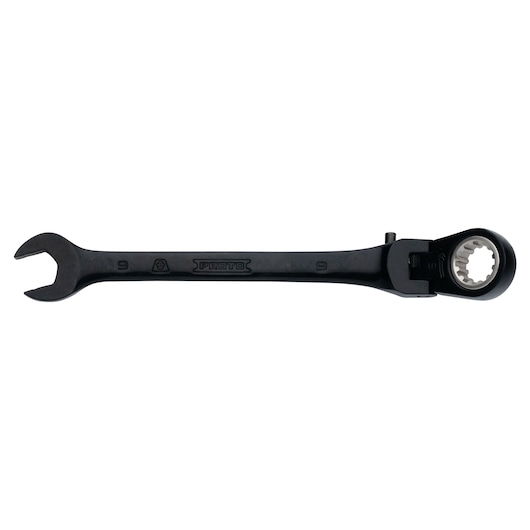 PROTO JSCVM09F black ratcheting combination wrench, flat angle, white background.