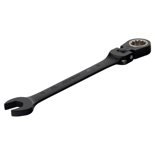 PROTO JSCVM09F black flex-head ratcheting combination wrench, side angle on white background.