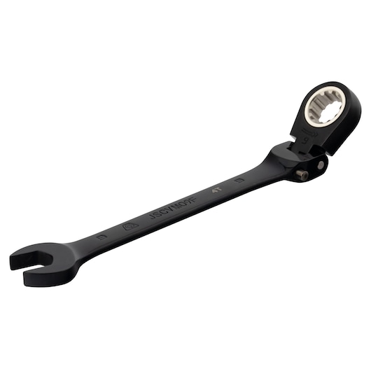PROTO JSCVM09F black flex head ratcheting combination wrench side angle on white background.