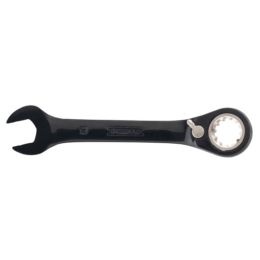 PROTO JSCVM09S ratcheting combination wrench, black finish, front angle on white background.