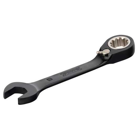 PROTO JSCVM09S black combination ratcheting wrench, angled view, white background.