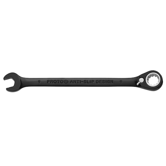 PROTO JSCVM09 black ratcheting combination wrench with open and box end, flat lay on white background.