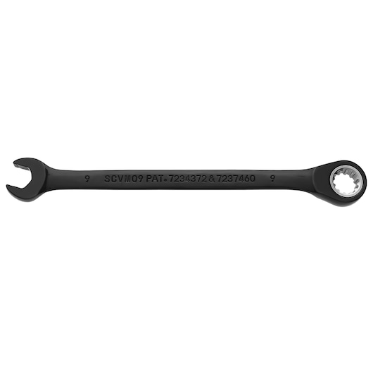 PROTO JSCVM09 black combination ratcheting wrench, open-end and box-end, product side view on white background.