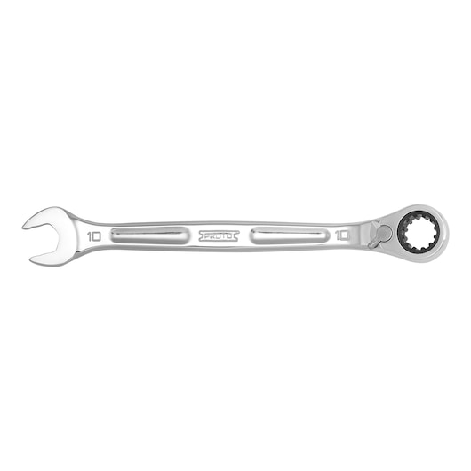 PROTO JSCVM10B combination ratcheting wrench, silver, 10mm size, product photography, top view on white background.