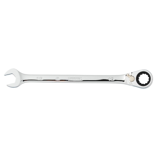 PROTO JSCVM10T chrome ratcheting combination wrench, photography, side angle on white background.
