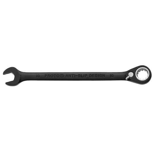 PROTO JSCVM10 black ratcheting combination wrench with anti-slip design, product photo on white background.