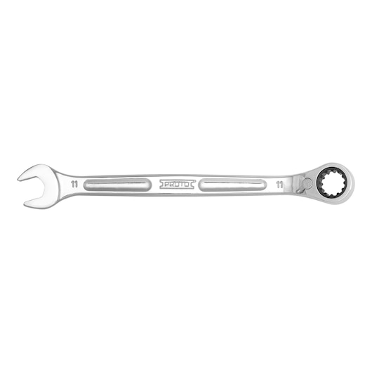 Photo of PROTO JSCVM11B ratcheting combination wrench with open end and box end, silver finish, top view on white.