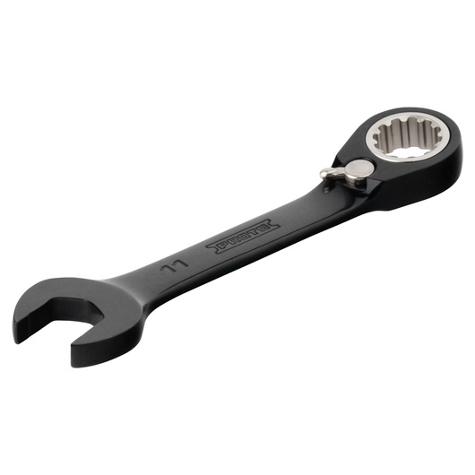 PROTO JSCVM11S black combination ratcheting wrench, angled view, white background.