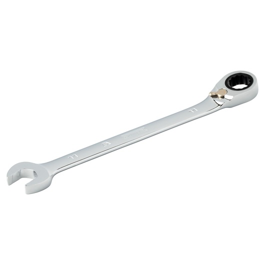 PROTO JSCVM11T chrome ratcheting combination wrench, 11mm, side angle, on white background.