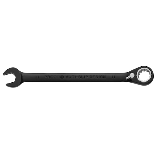 PROTO JSCVM11 black ratcheting combination wrench with open and box end, anti-slip design, side view on white.