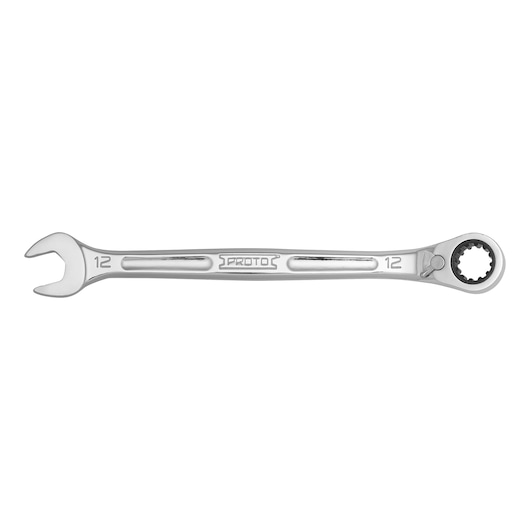 PROTO JSCVM12B chrome combination ratcheting wrench, 12mm, product photo on white background.