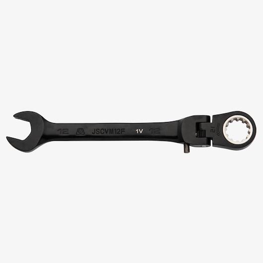 PROTO JSCVM12F ratcheting flex-head combination wrench, black finish, top view, white background.