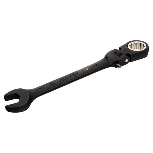 PROTO JSCVM12F ratcheting combination wrench with black finish, open and box end, angled on white background.