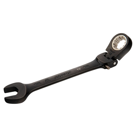 PROTO JSCVM12F ratcheting flex head combination wrench, black finish, product photo angled on white background.