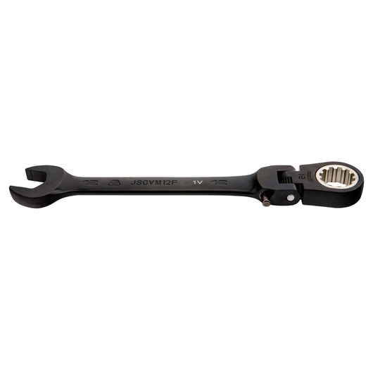 PROTO JSCVM12F black reversible ratcheting combination wrench, side angle on white background.