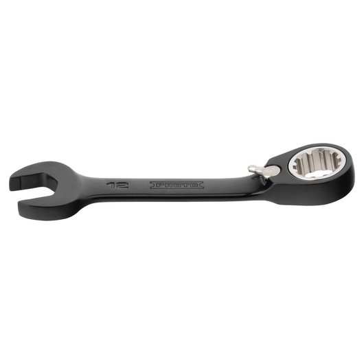 Side view photo of PROTO JSCVM12S black ratcheting combination wrench with open and box ends.
