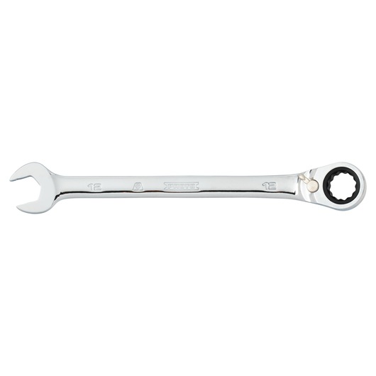 PROTO JSCVM12T chrome combination ratcheting wrench, size 12, side angle, white background.