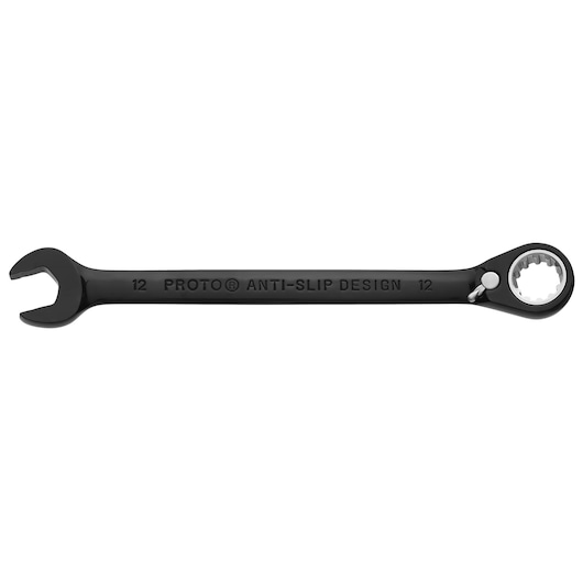 PROTO JSCVM12 black ratcheting combination wrench with anti-slip open and box end, straight angle on white background.