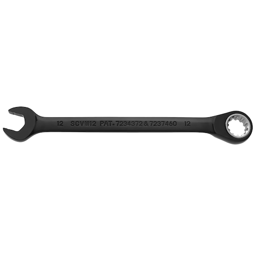 PROTO JSCVM12 combination ratcheting wrench, black, 12mm size, photography on white background, side view.
