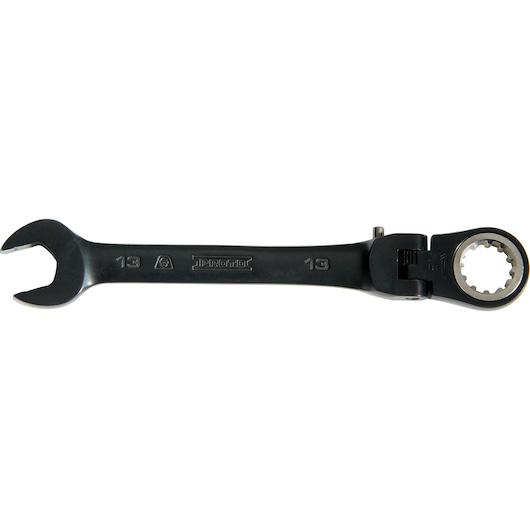 PROTO JSCVM13F black ratcheting combination wrench with flex head, 13mm, front angle on white background.
