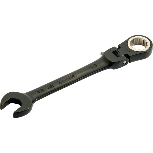 PROTO JSCVM13F black ratcheting combination wrench with flex head, 13mm size, angled on white background.