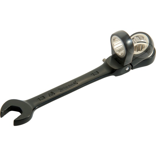 A black Proto brand combination wrench, featuring an open-end and a ratcheting box-end design, with a pivoting head for versatility, and the number 13 marked on the handle.