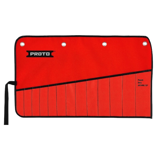 PROTO red tool pouch JSCVM13SP with multiple slots, black trim, and four metal grommets, front angle.