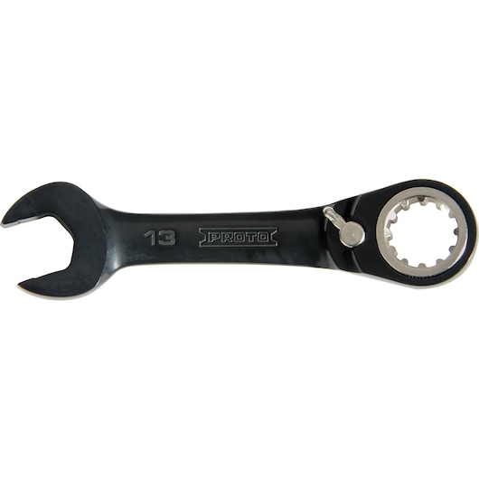 PROTO JSCVM13S ratcheting combination wrench with black finish, open-end and box-end, side view on white background.