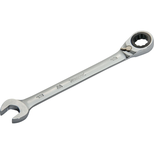 PROTO JSCVM13T ratcheting combination wrench with open end and box end, silver finish, angled on white background.