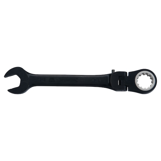 PROTO JSCVM14F black ratcheting combination wrench with open-end and pivot head, side angle photo.