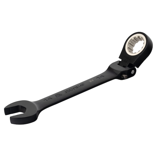 PROTO JSCVM14F black ratcheting flex-head combination wrench, 14mm, angled on white background.