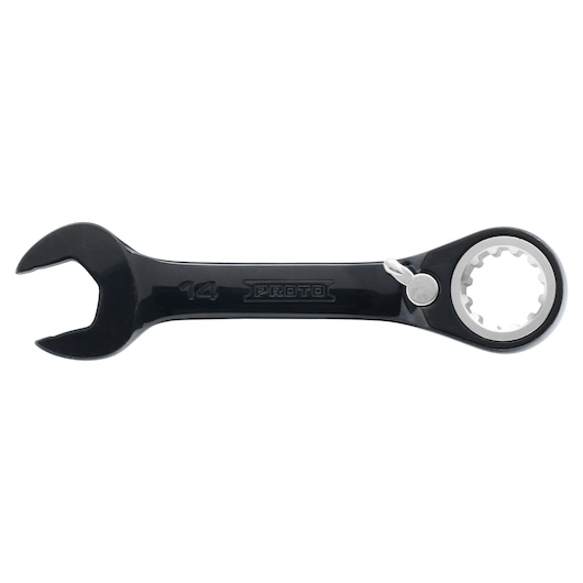 PROTO JSCVM14S black combination ratcheting wrench, 14mm, side angle, white background.