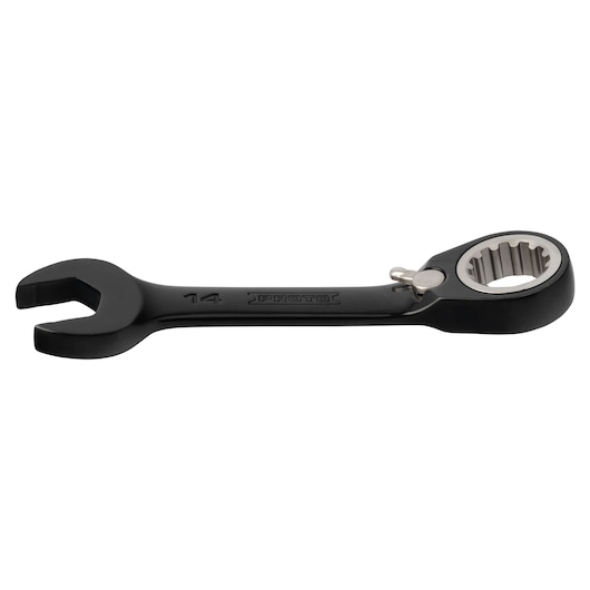 Photo of PROTO JSCVM14S black ratcheting combination wrench, side view, with open and closed ends.