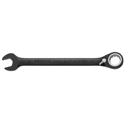 PROTO JSCVM14 black ratcheting combination wrench with open end and 14mm box end, top view on white background.