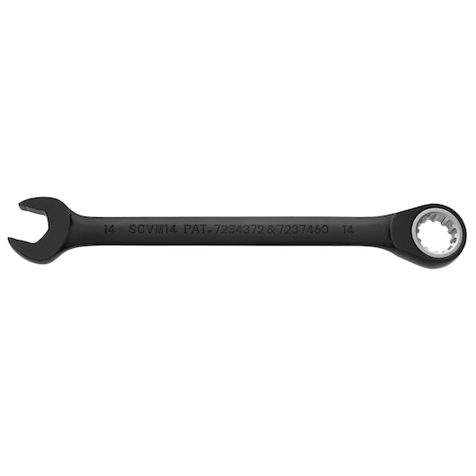 PROTO JSCVM14 combination ratcheting wrench, black finish, 14mm, side view on white background.