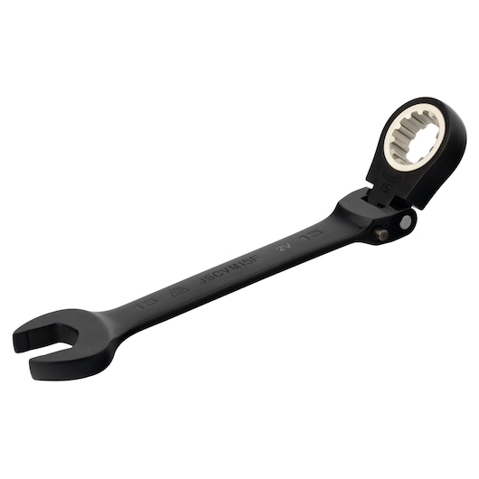 PROTO JSCVM15F black flex-head ratcheting combination wrench, 15mm, side angle on white background.