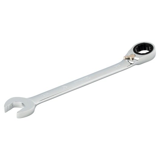 PROTO JSCVM15T ratcheting combination wrench, silver finish, side angle, white background.