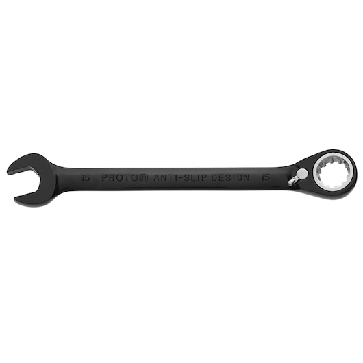 PROTO JSCVM15 black combination ratcheting wrench, 15mm size, anti-slip design, side view on white background.