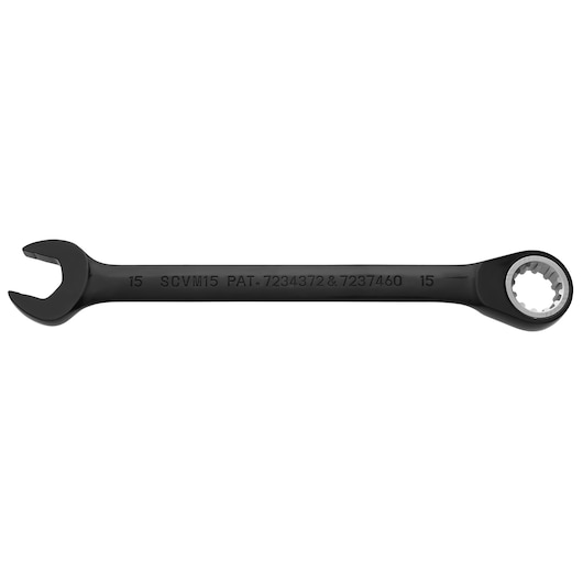 PROTO JSCVM15 black combination wrench with open and box end, product photography, side angle, white background.