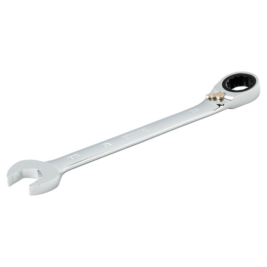 PROTO JSCVM16T chrome ratcheting combination wrench, side angle, 12mm size, open and box ends.
