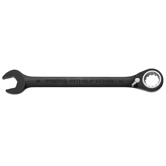 PROTO JSCVM16 black ratcheting combination wrench, anti-slip design, 16 mm, side view on white background.