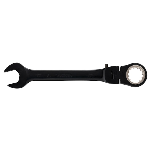 PROTO JSCVM17F black ratcheting combination wrench, 17mm, side angle, on white background.