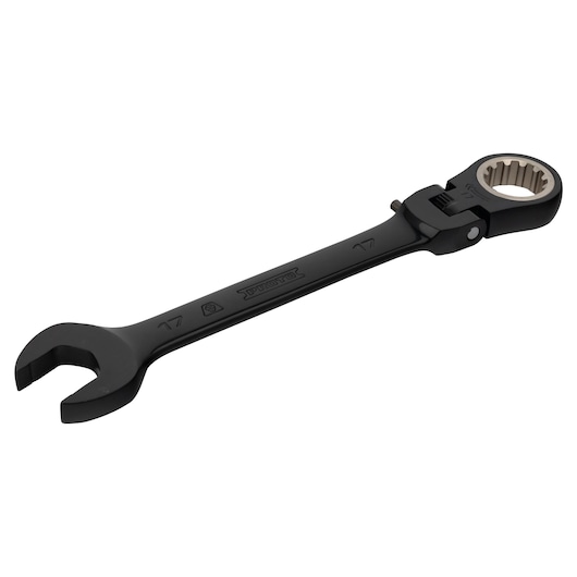 PROTO JSCVM17F black ratcheting combination wrench, 17mm, side angle, white background.