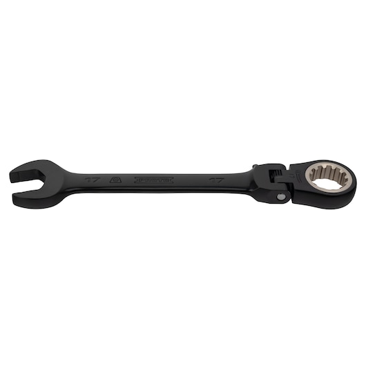 PROTO JSCVM17F black ratcheting combination wrench, 17mm, side angle, on white background.