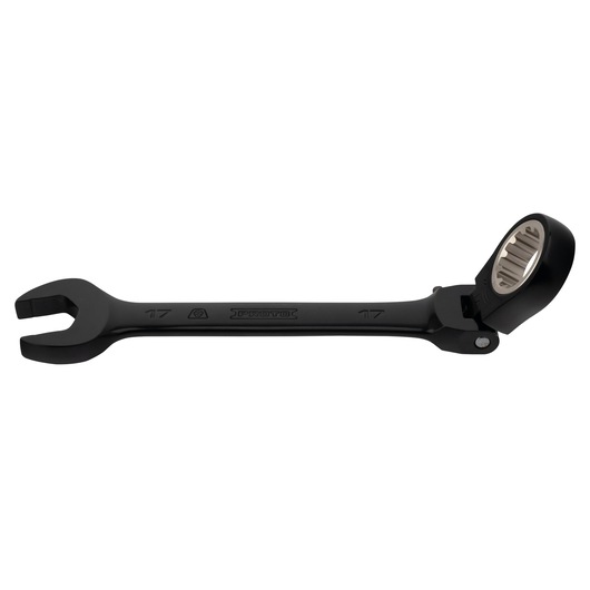 PROTO JSCVM17F black combination ratcheting wrench, 17mm, side angle on white background.