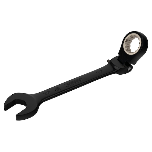PROTO JSCVM17F black ratcheting combination wrench with flex head, 17mm, front angle on white background.