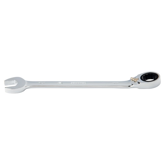 PROTO JSCVM17T combination ratcheting wrench, chrome finish, open and box end, side angle on white background.