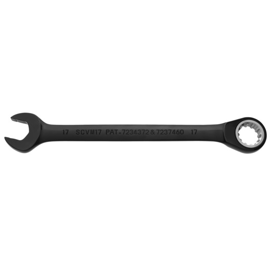 PROTO JSCVM17 black combination ratcheting wrench, 17mm, side view on white background.