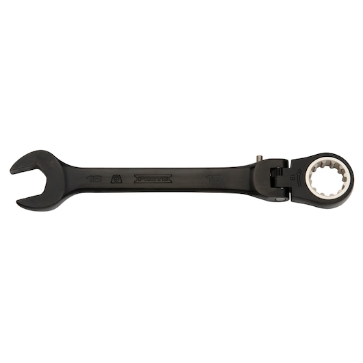 PROTO JSCVM18F black flex-head ratcheting combination wrench, size 18mm, side view on white background.