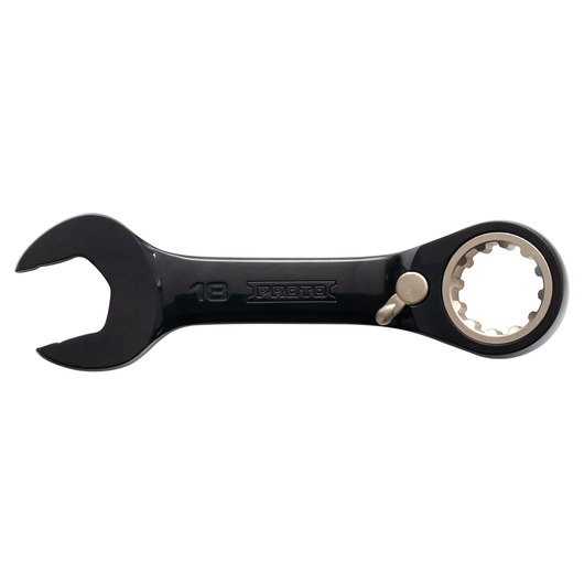 PROTO JSCVM18S ratcheting combination wrench with black finish, 18mm size, product shown on white background, side view.